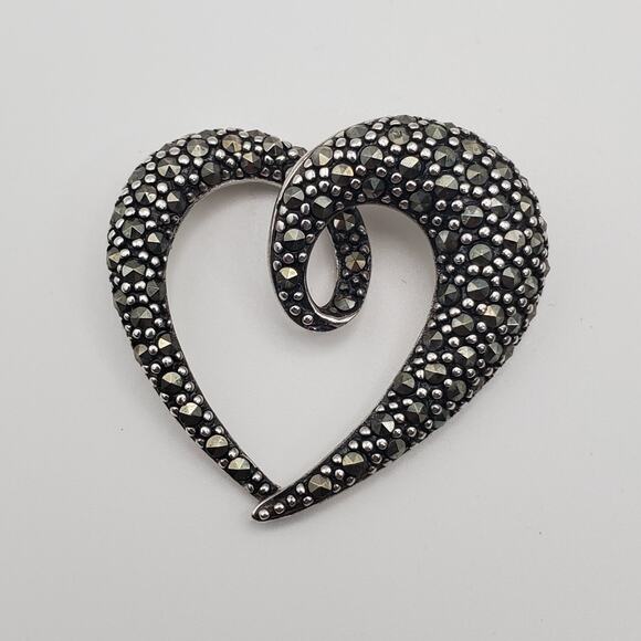 Vintage Large Marcasite Hoop Heart Sterling Silver 925 Slide Pendant - Picture 1 of 8